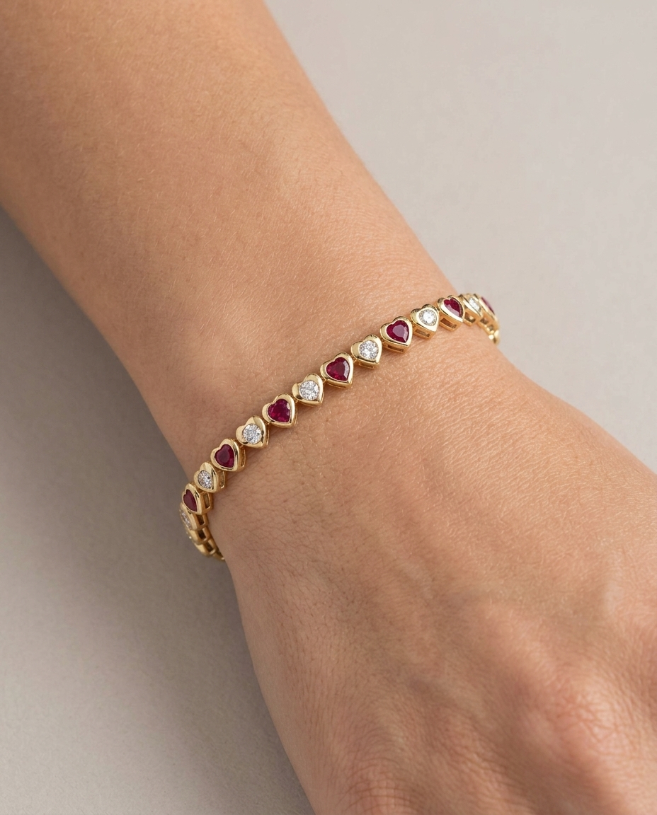 14KT Gold Diamond Heart Tennis Bracelet on model