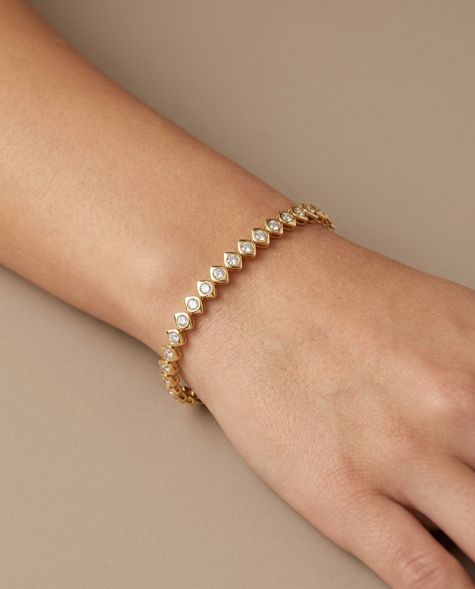 14KT Yellow Gold Diamond Eye Shape Tennis Bracelet on model