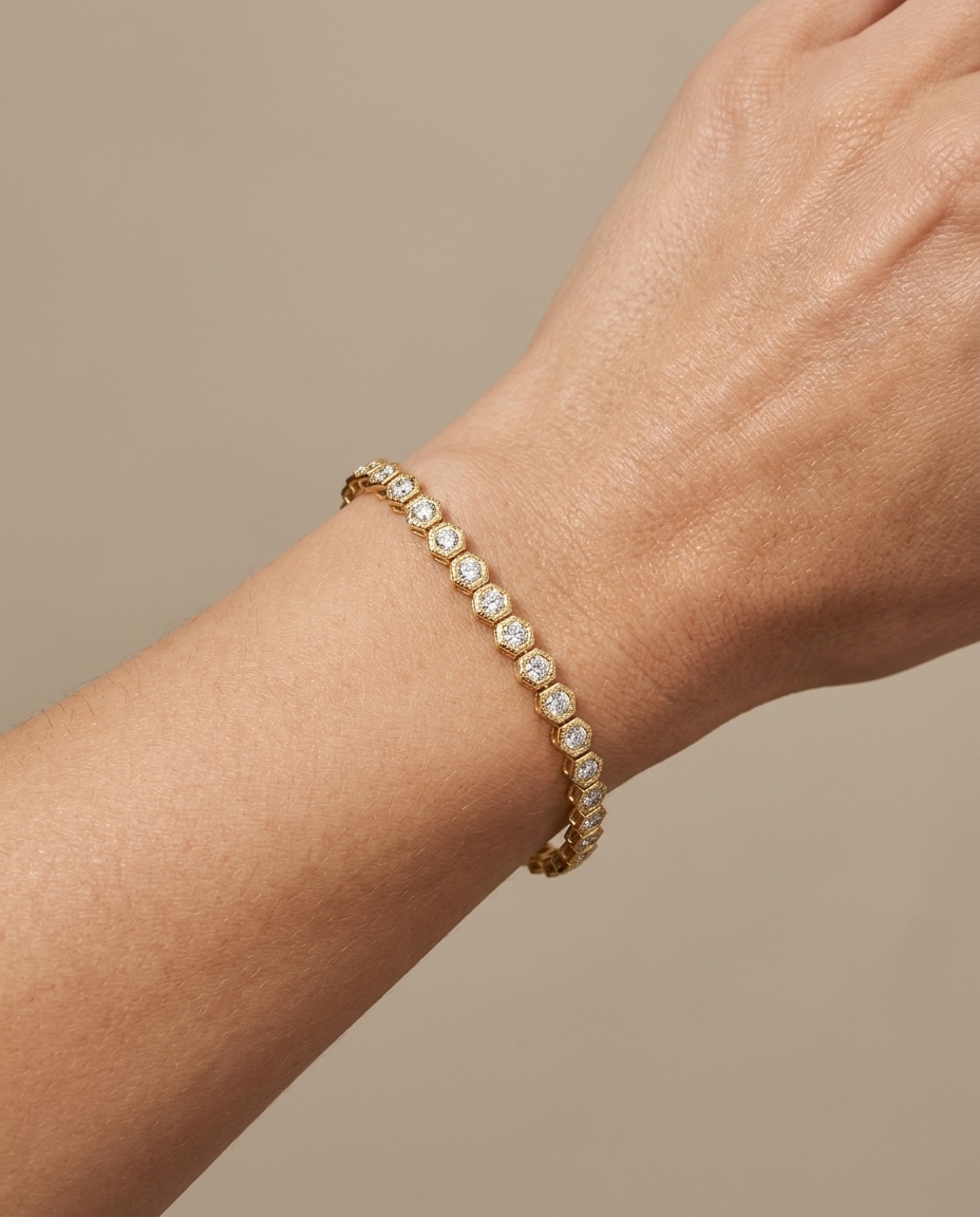 14KT Yellow Gold Diamond Hexagone Bezel Set Tennis Bracelet on model
