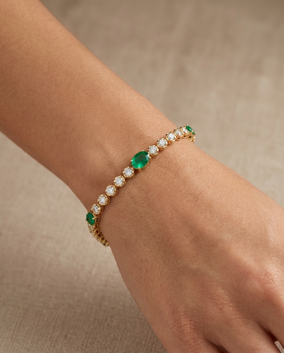 14KT Yellow Gold Diamond and Emerald Bracelet on model