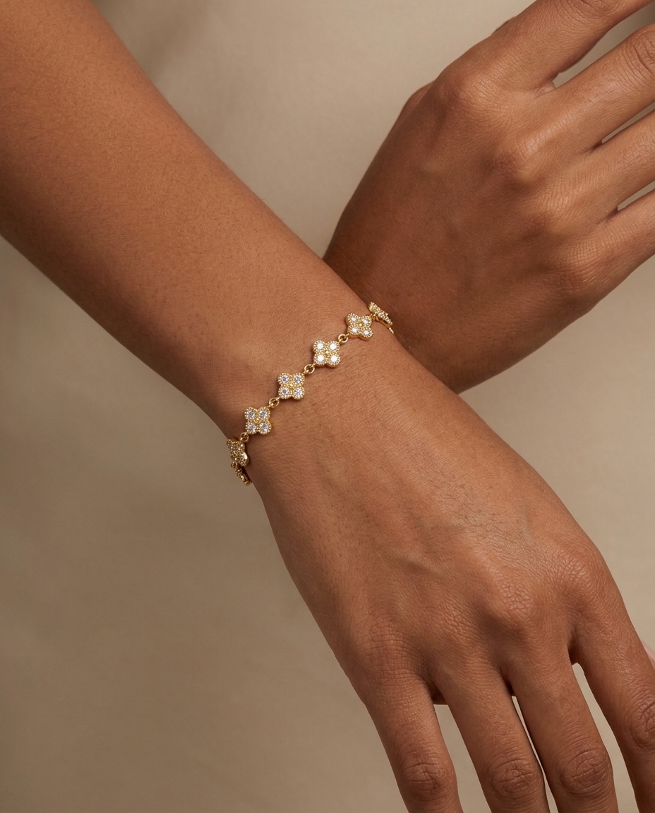 14KT Gold Diamond Flower Bracelet on model