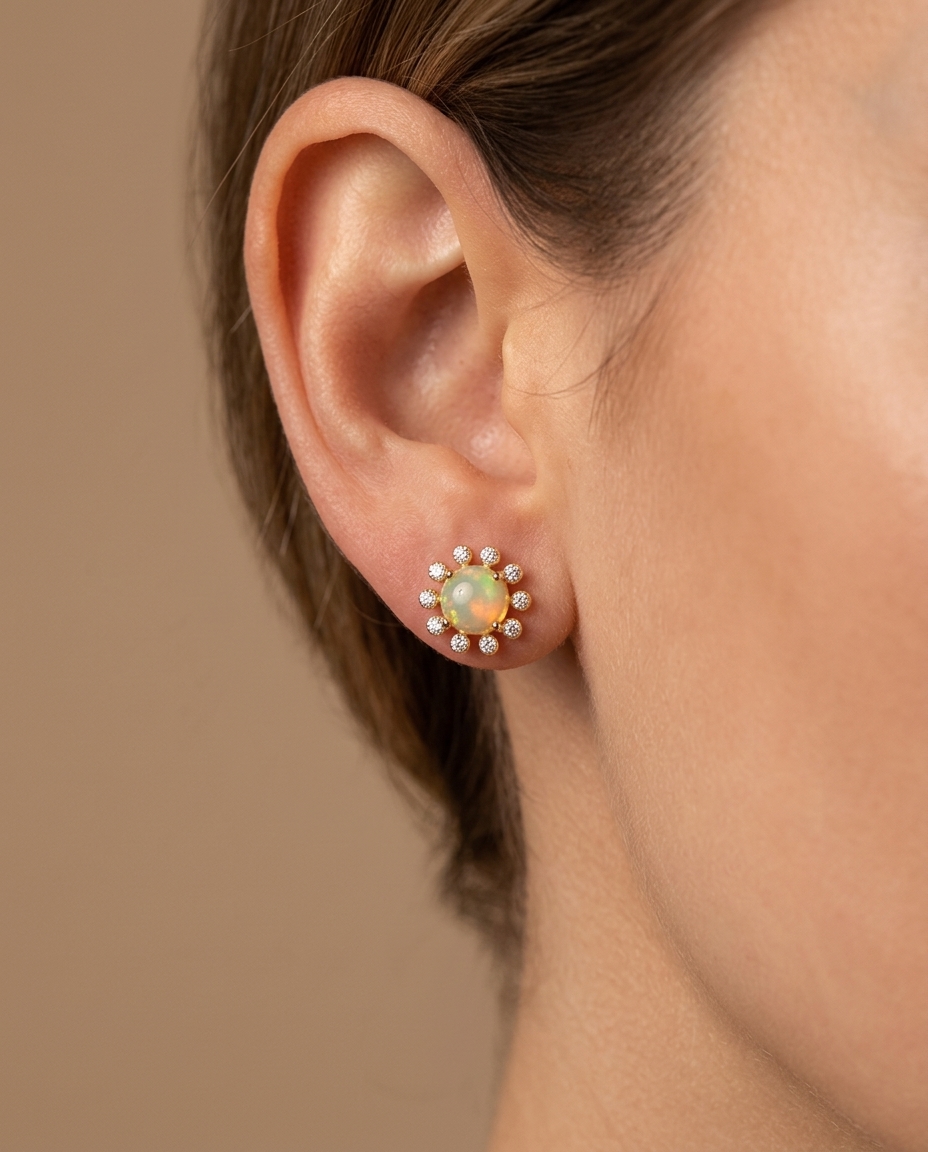 14KT Yellow Gold Opal with Diamonds Earring on model