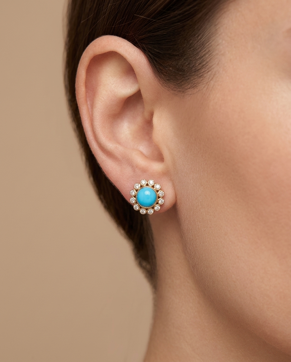 18KT Yellow Gold Turquoise and Diamond Roung Earrings 11 MM on model