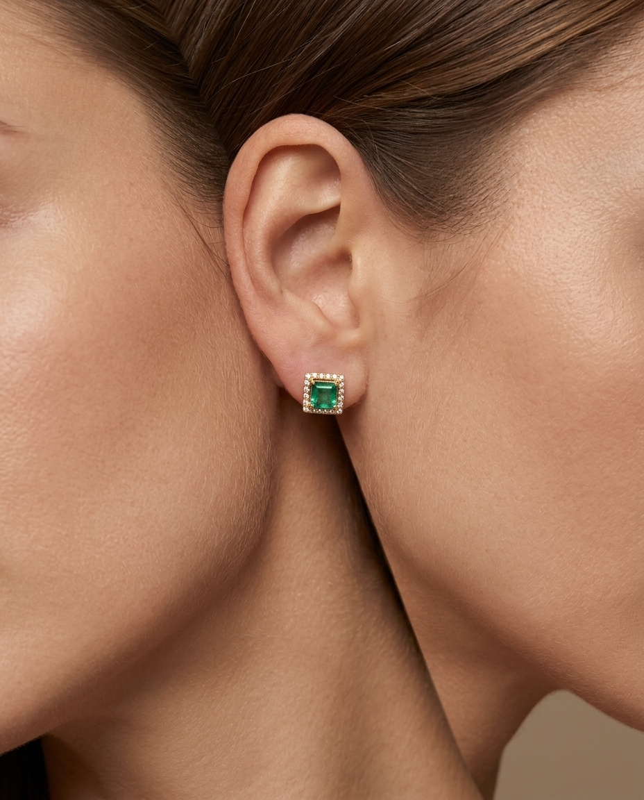14KT Yellow Gold Emerald and Diamonds Earring on model