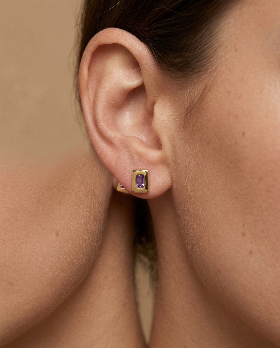 14KT Yellow Gold Purple Sapphire Stud Earring on model
