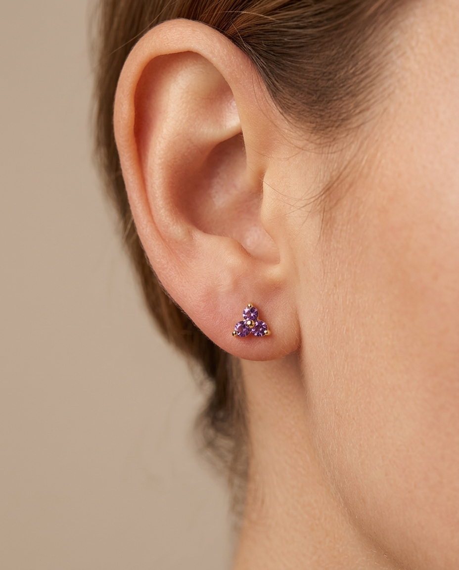 14KT Gold Pink Sapphire Trio Studs on model