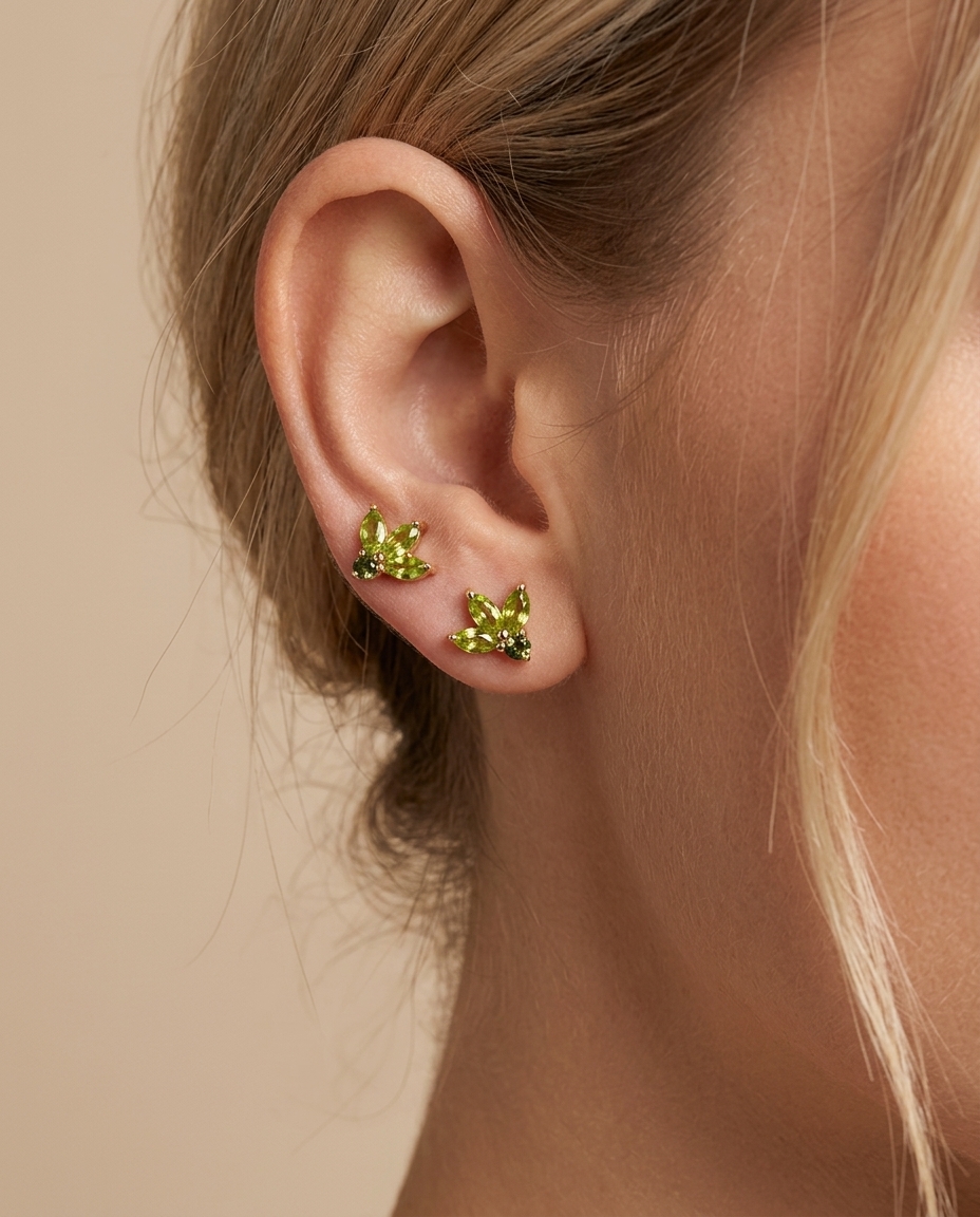 14KT Gold Green Sapphire Peacock Earring on model