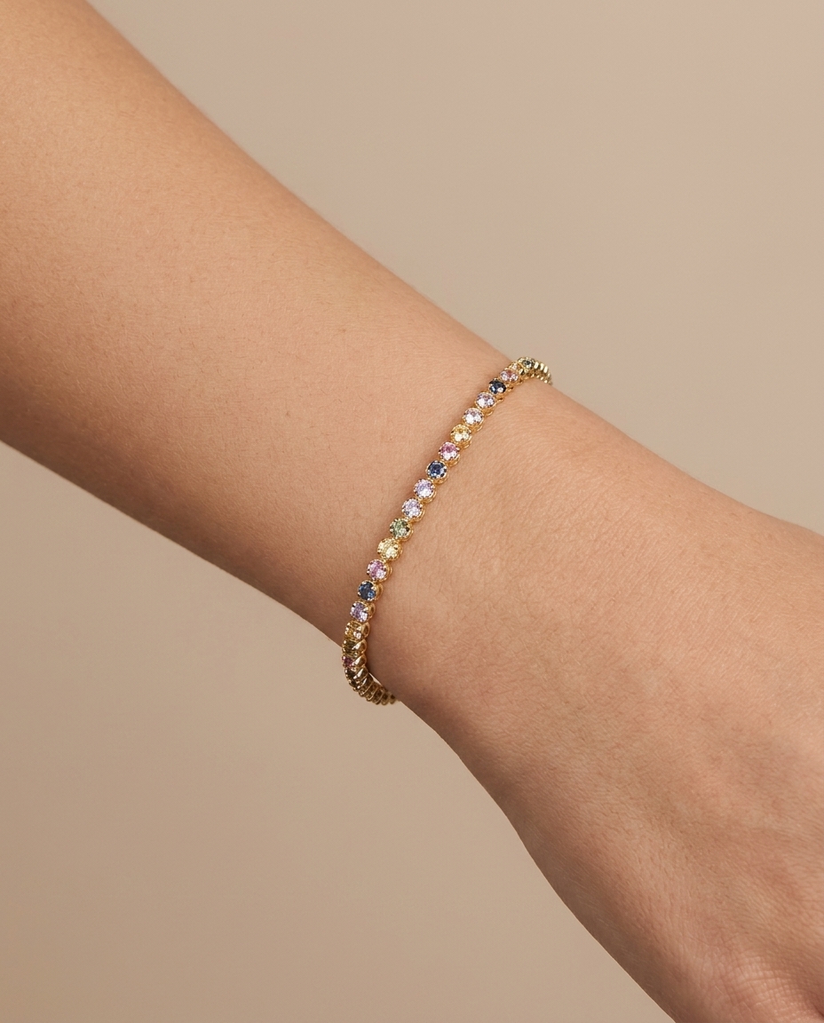 14KT Yellow Gold Multi Sapphire Tennis Bracelet on model