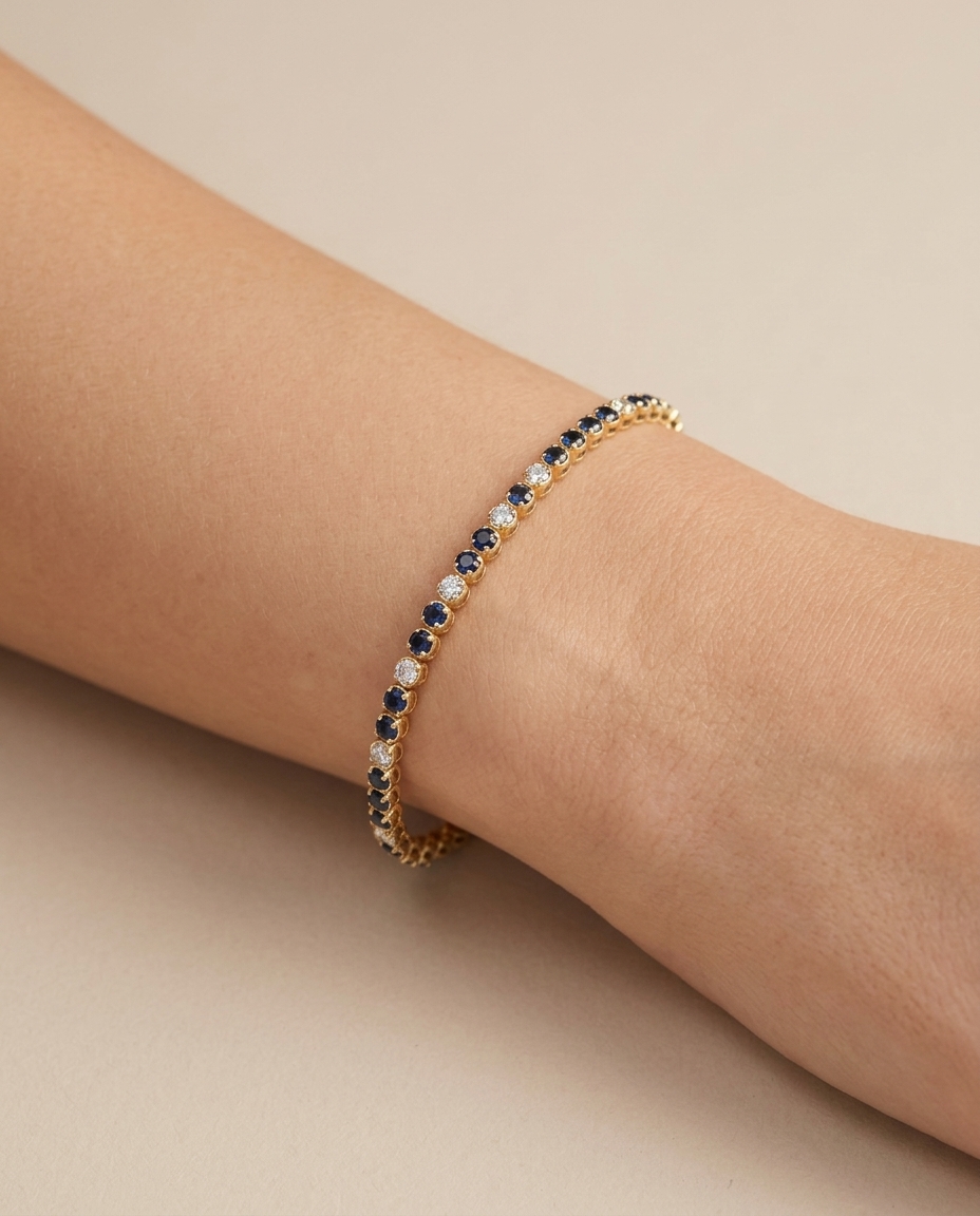 14KT Yellow Gold Sapphire and Diamonds Tennis Bracelet on model