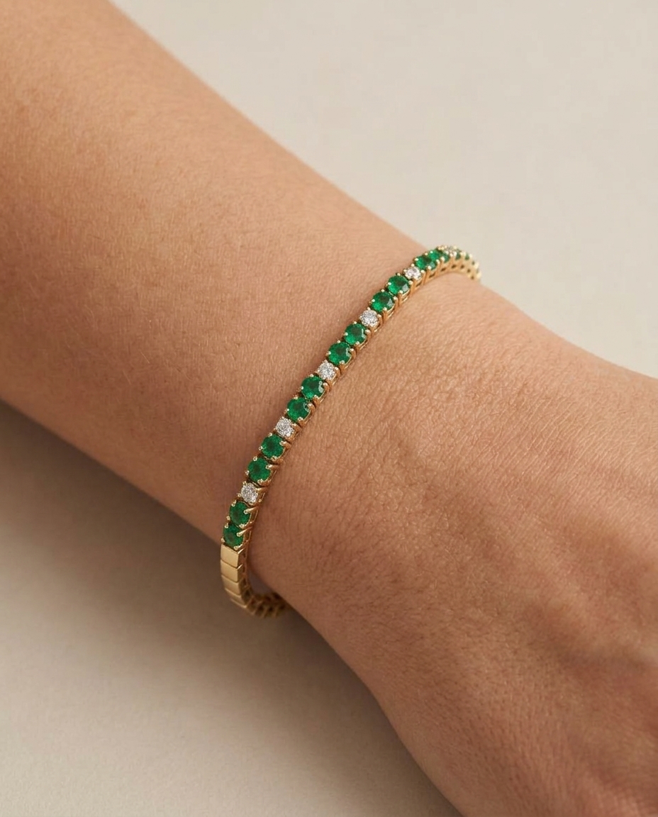 14KT Diamond Emerald Tennis Bracelet on model