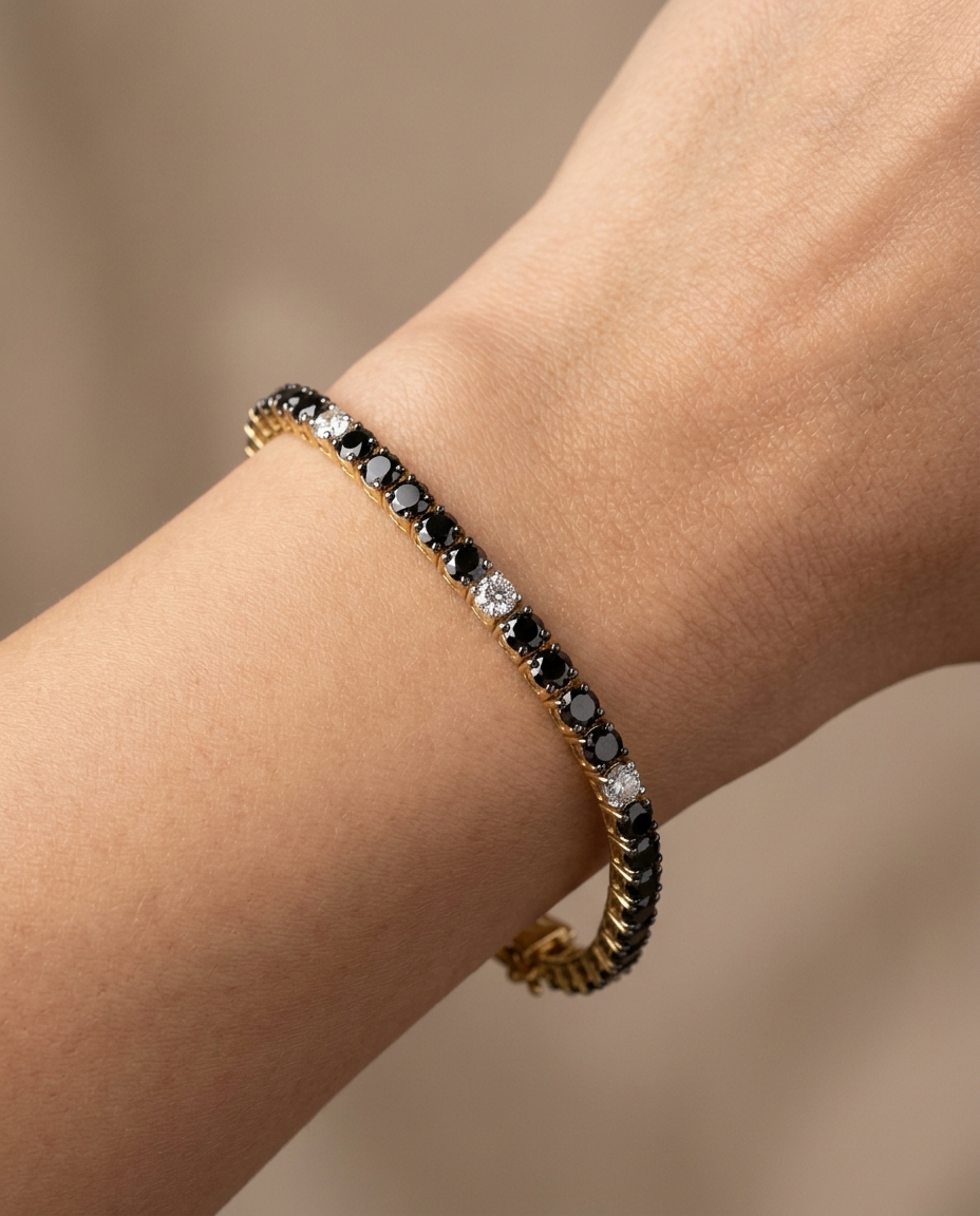 14KT Gold Black and White Diamond Tennis Bracelet on model