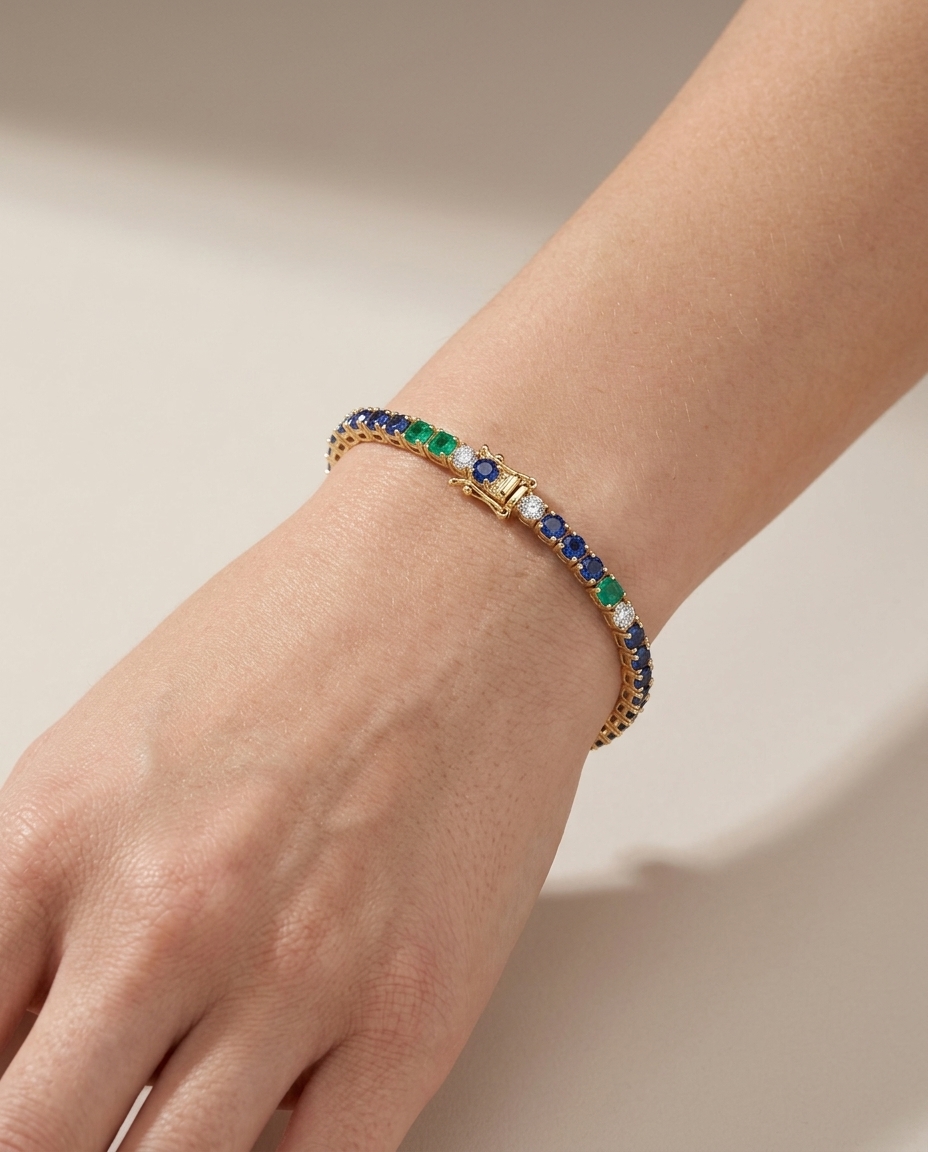 14KT Yellow Gold Blue Sapphire Bracelet on model