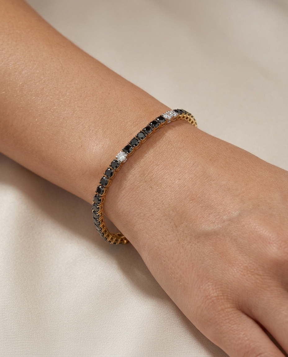 14KT Yellow Gold Black and White Diamond Tennis Bracelet on model