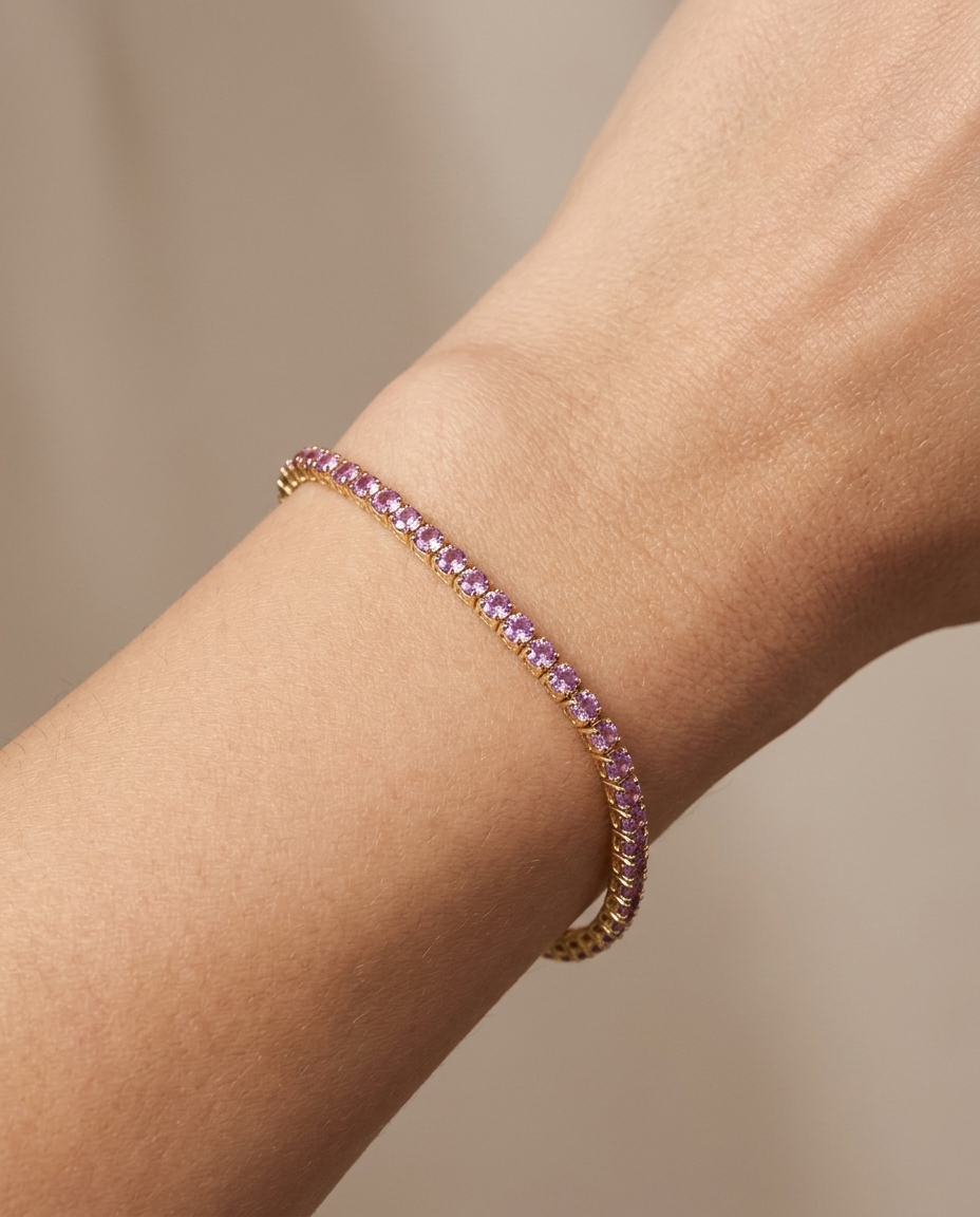 14KT Yellow Gold Pink Sapphire Bracelet on model