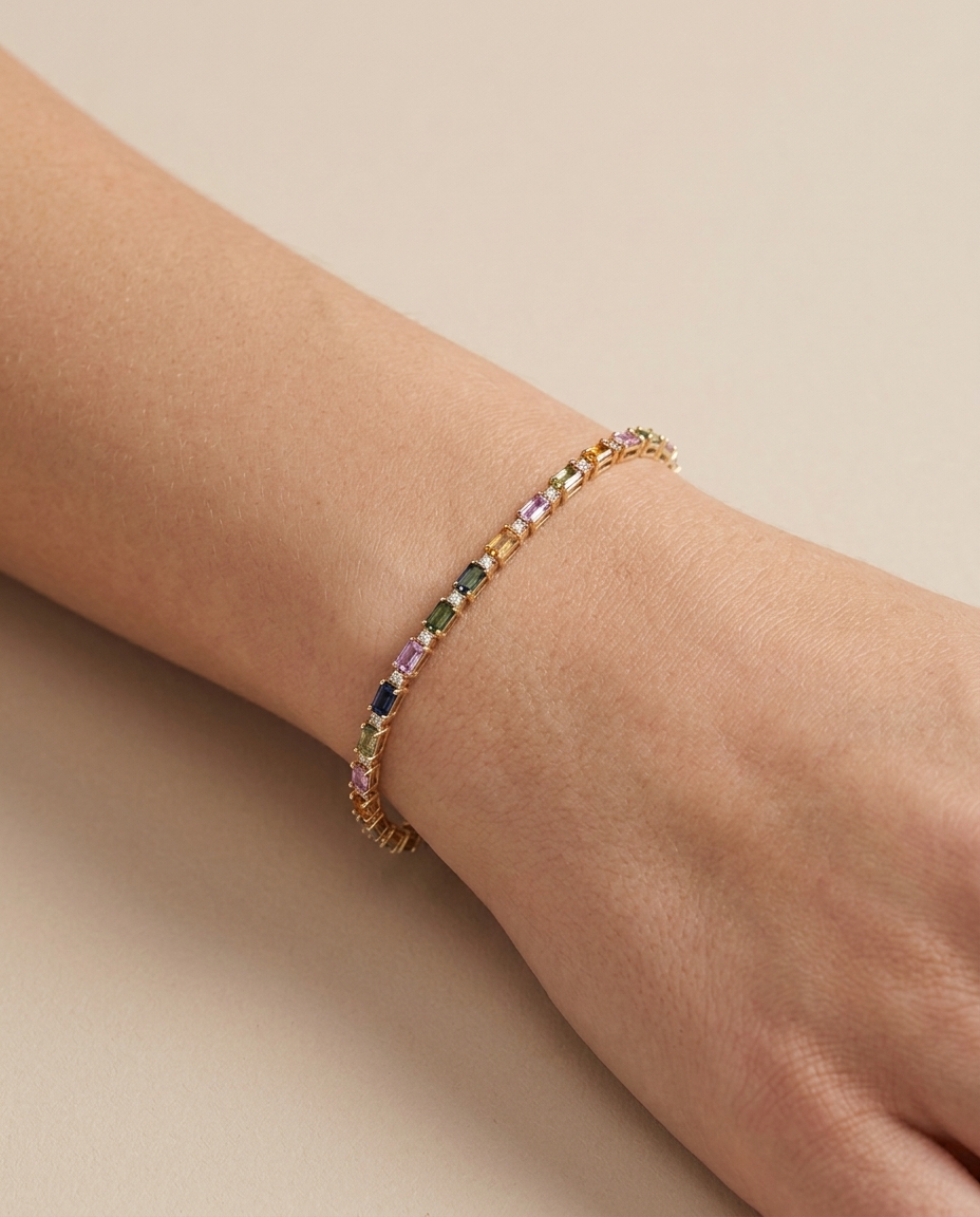 14KT Yellow Gold Multi Sapphire and Diamonds Bracelet on model