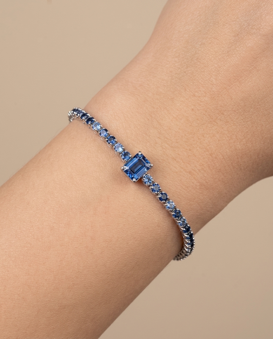 14KT WG Blue Sapphire Tennis Bracelet on model