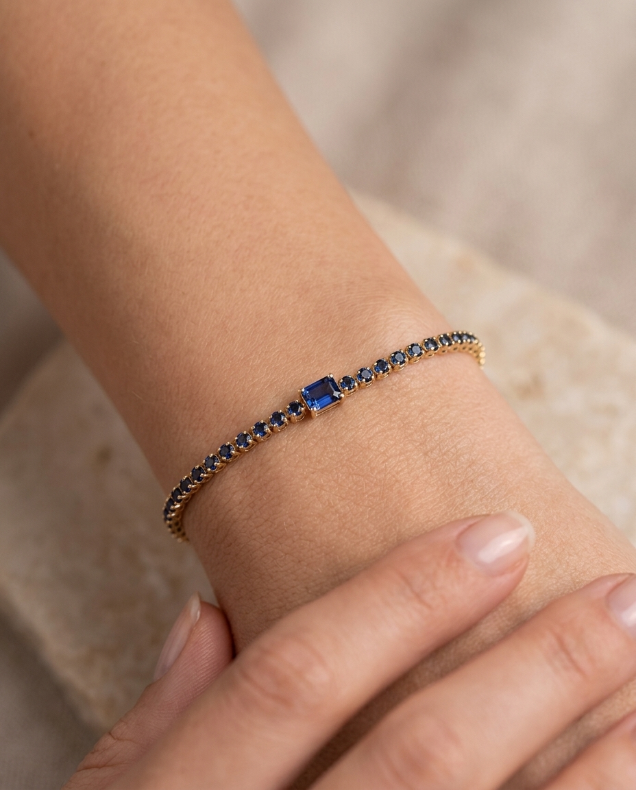 14KT YG Blue Sapphire Tennis Bracelet on model