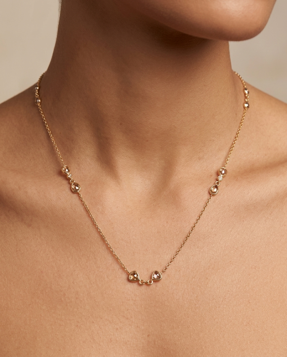 18KT Gold Bezeled Diamond Necklace on model