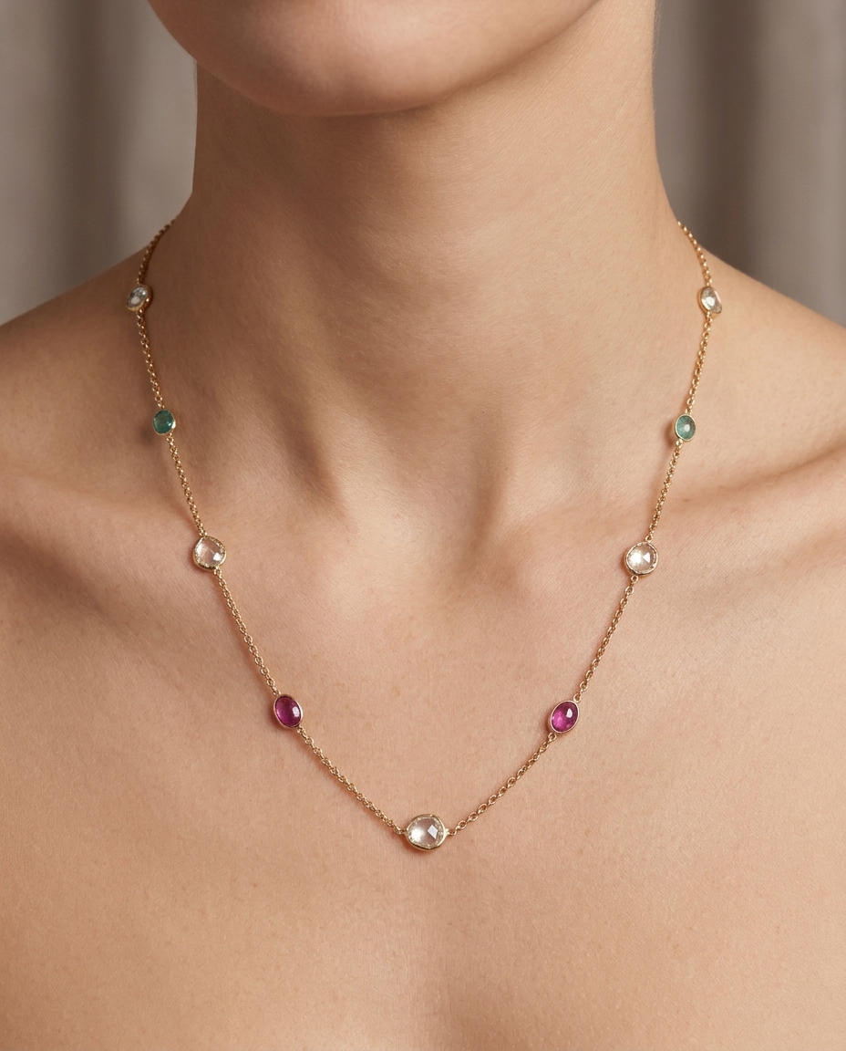 18KT Gold Bezeled Multi-Stone / Diamond Slice Cut Necklace on model