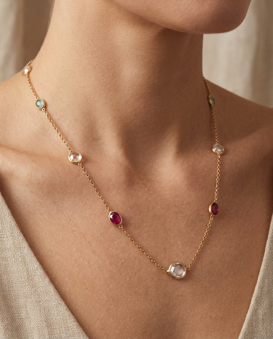 18KT Yellow Gold Bezeled Multi-Stone / Diamond Slice Cut Necklace on model