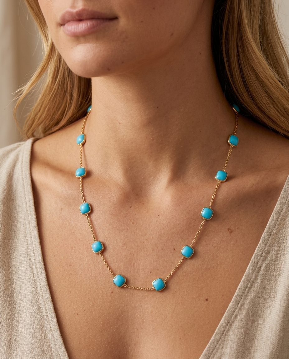 18KT Gold Bezeled Turquoise Cushion Necklase 18" on model