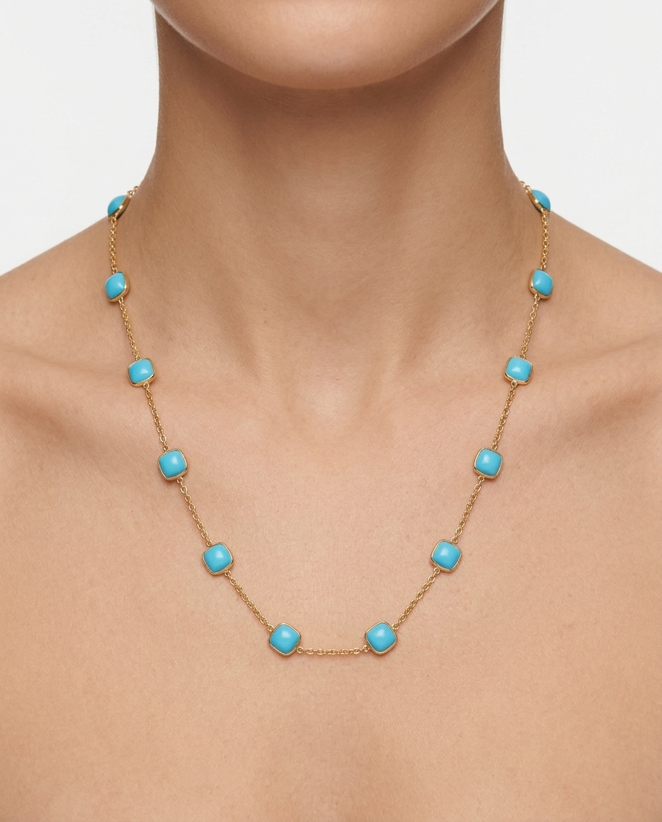 18KT Gold Bezeled Turquoise Necklace on model