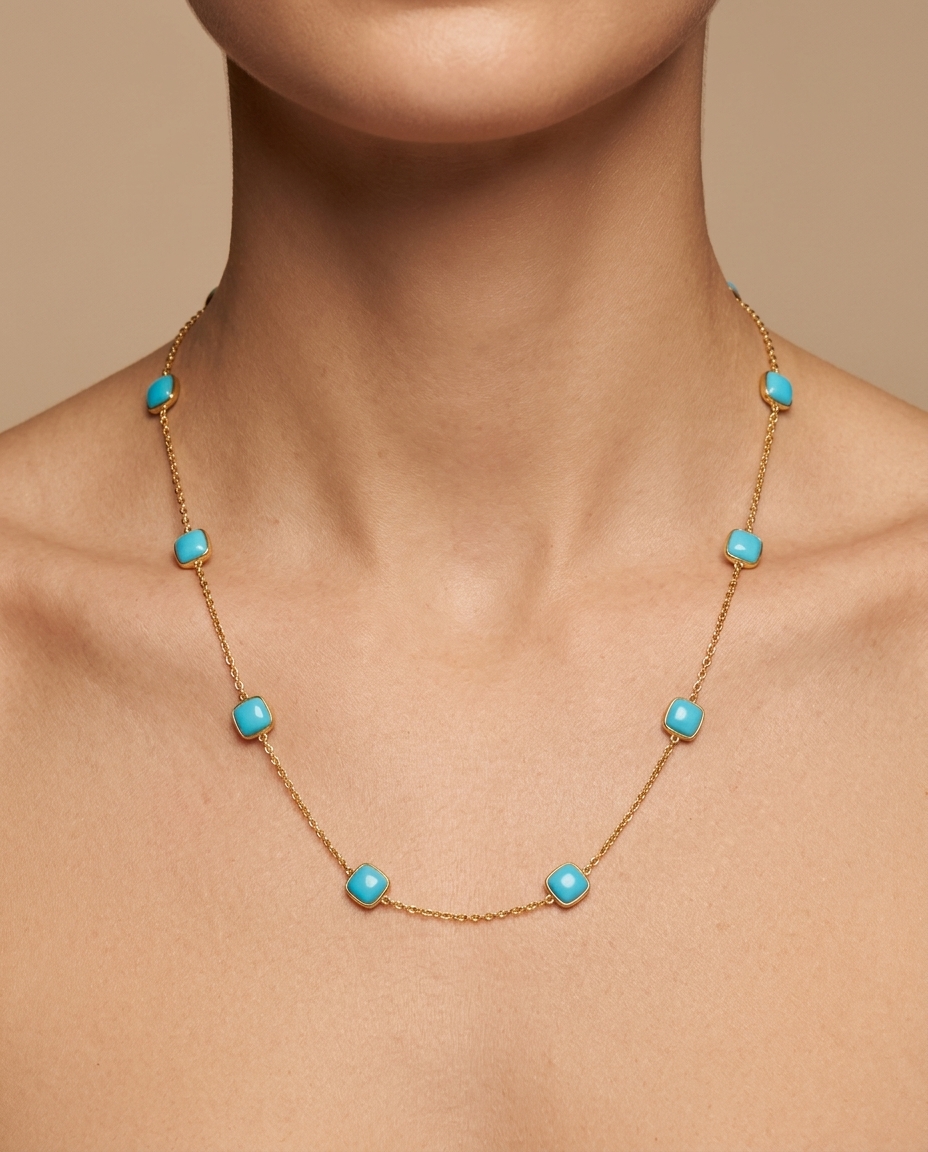 18KT Gold Bezeled Turquoise Cushion Necklase 36" on model