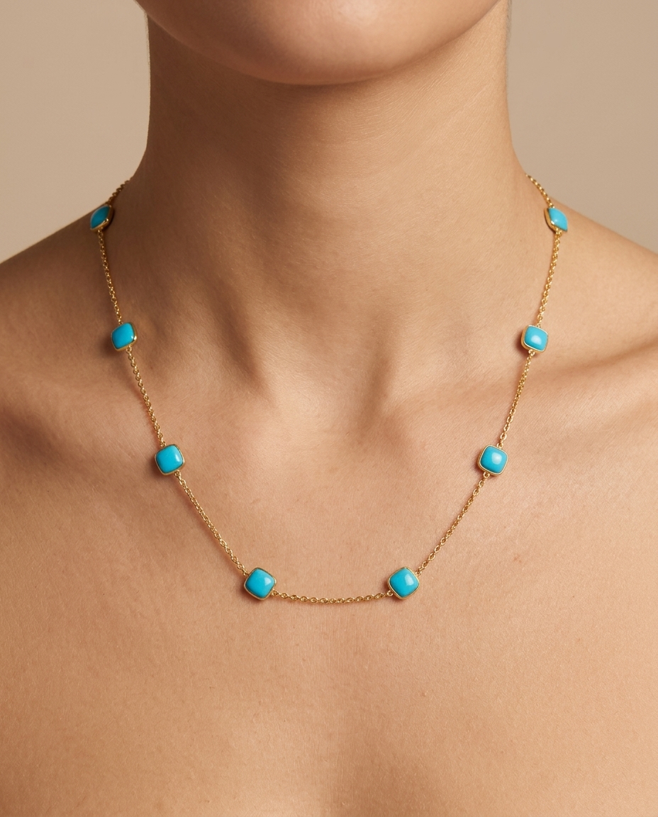 18KT Gold Bezeled Turquoise Cushion Necklase 36" on model
