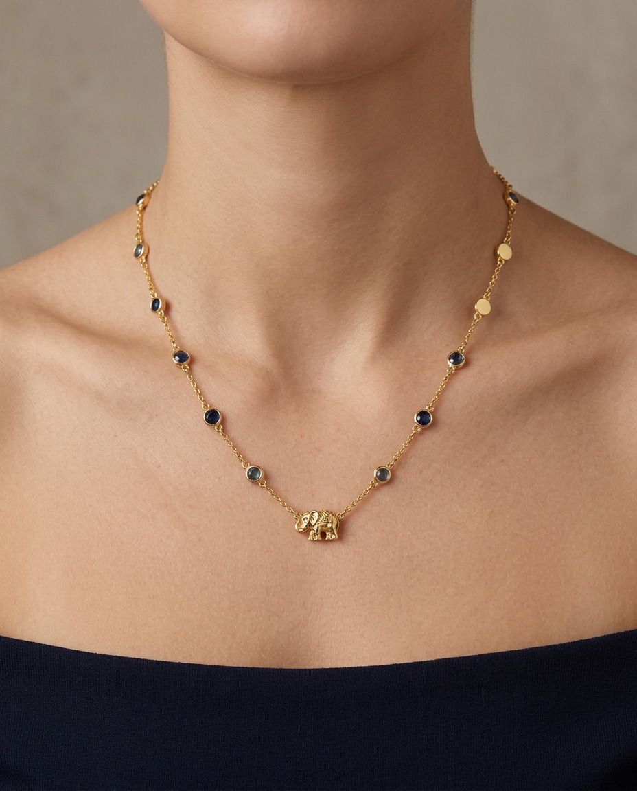 14KT Yellow Gold Bezeled Sapphire Station Necklace on model