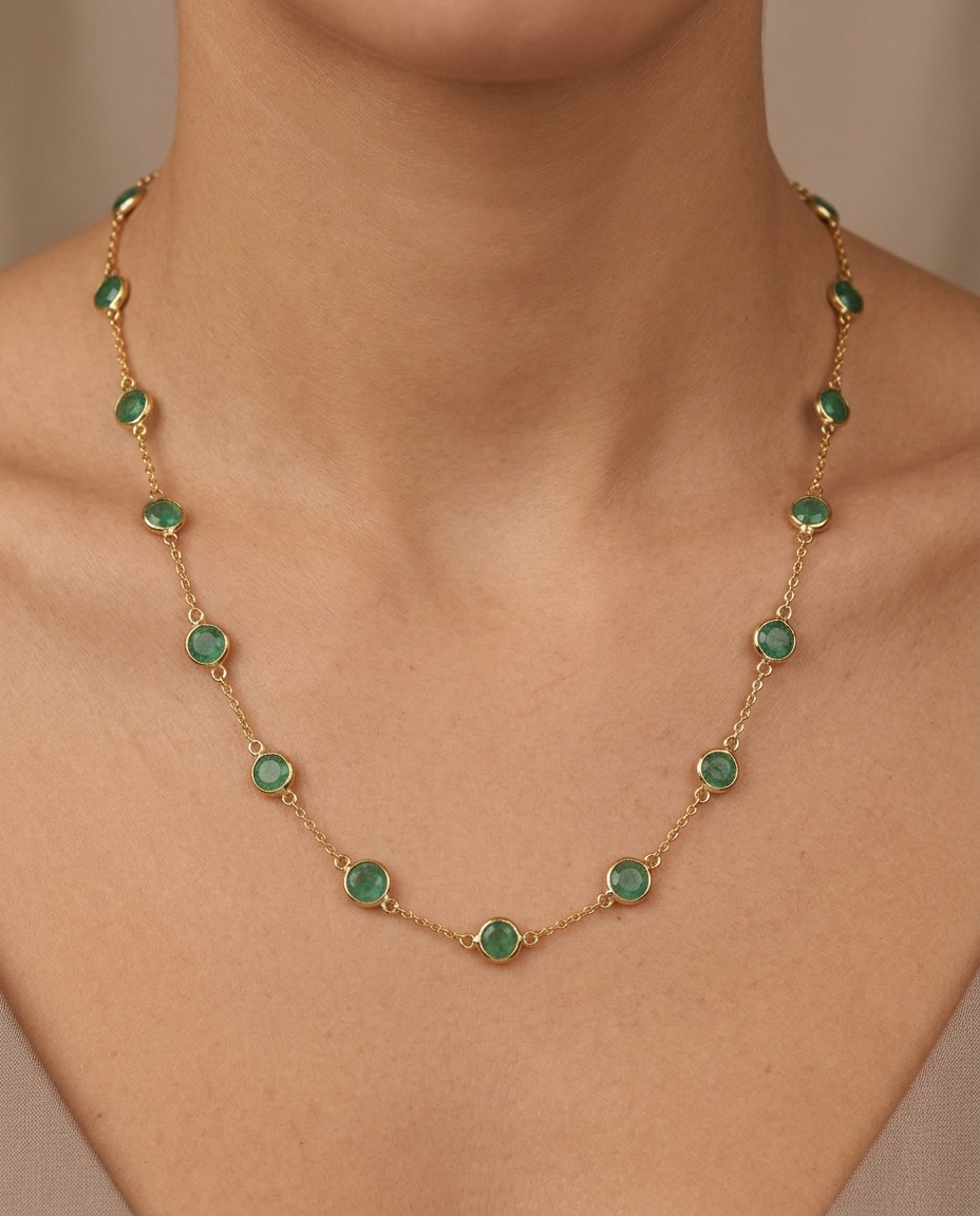 18KT Yellow Gold Emerald Round Station Necklace on model