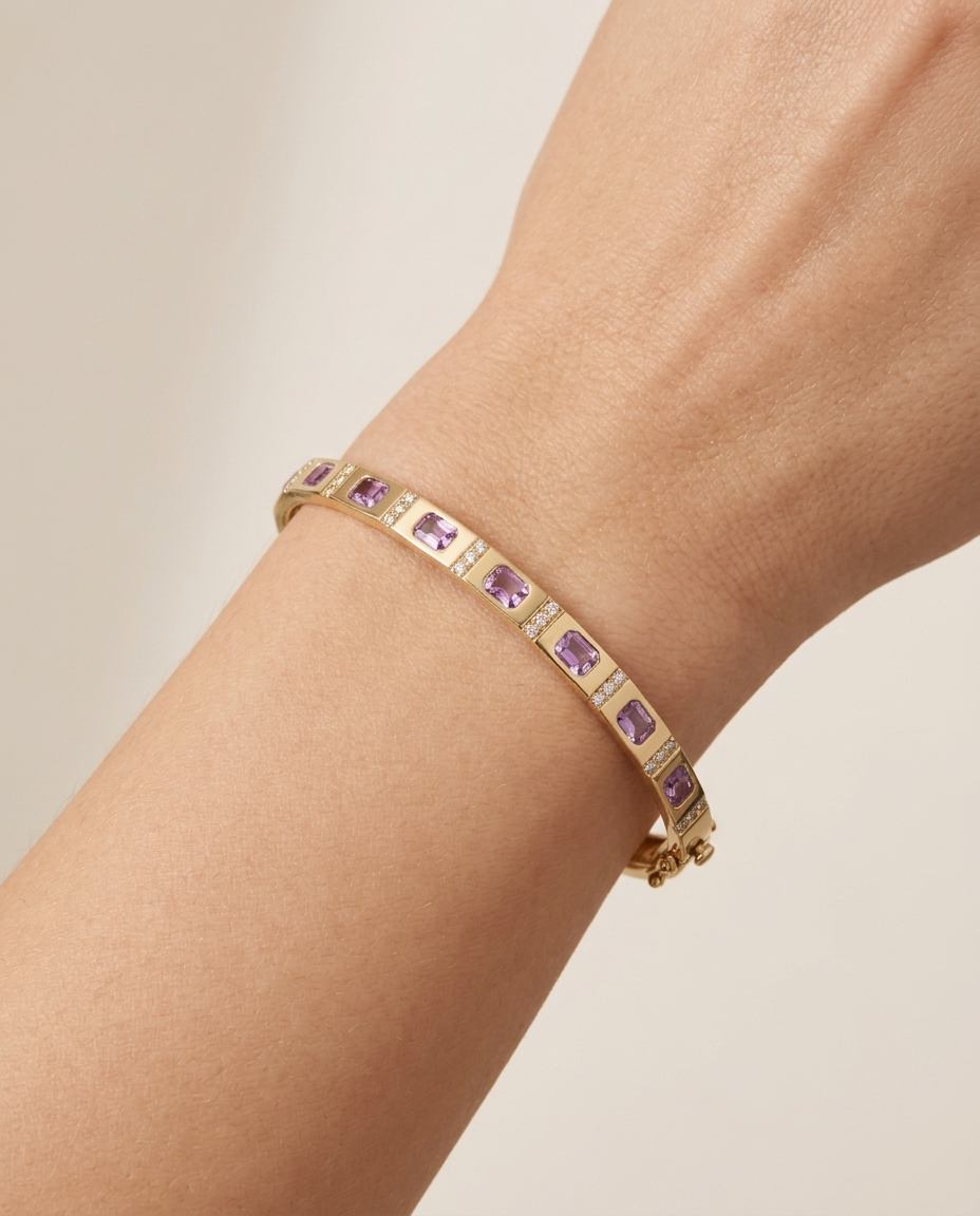 18K Yellow Gold Pink Sapphire and Diamonds Bangle on model