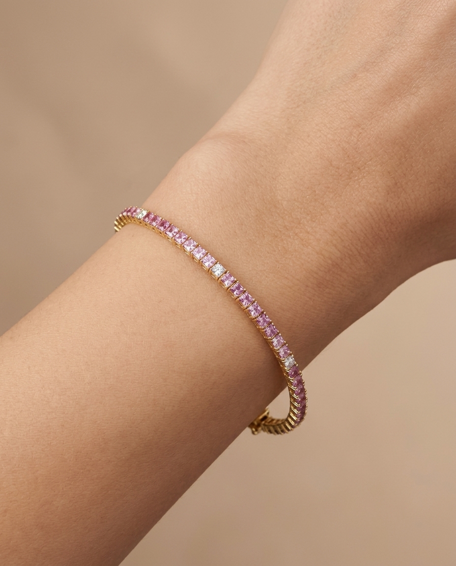 14KT Yellow Gold Pink Sapphire and Diamond Bracelet on model