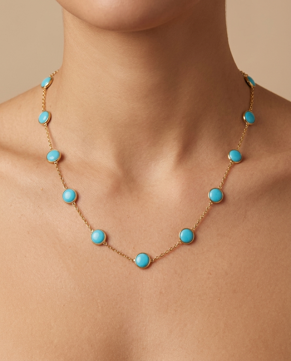 18KT Gold Turquoise Coin Station Necklace (5MM) on model