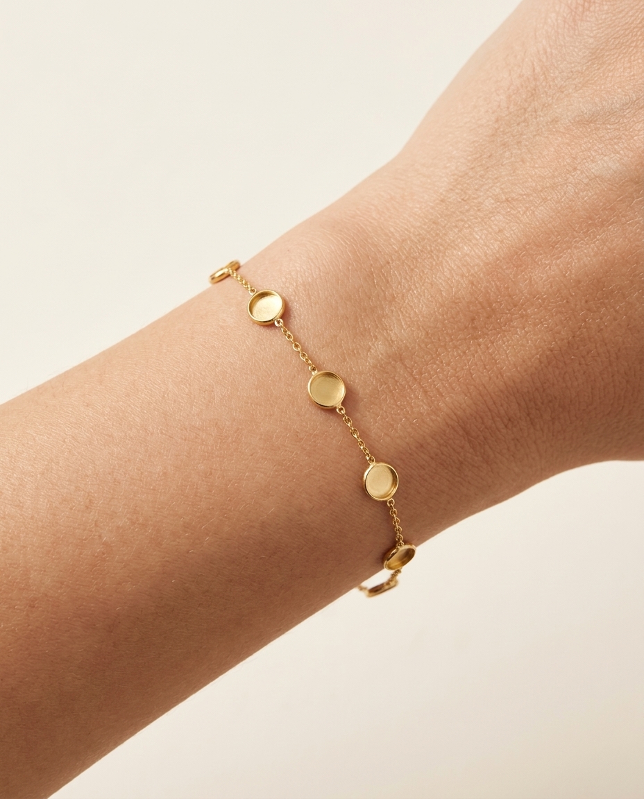 18KT Yellow Gold Sleeping Beauty Round Coin Station Bracelet on model