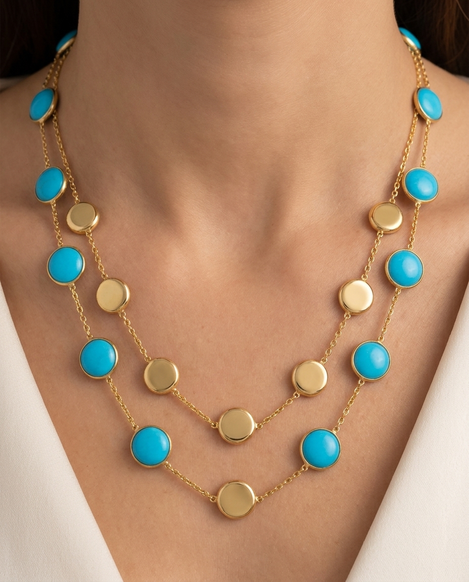 18KT Gold Turquoise Coin Station Necklace (11MM) on model