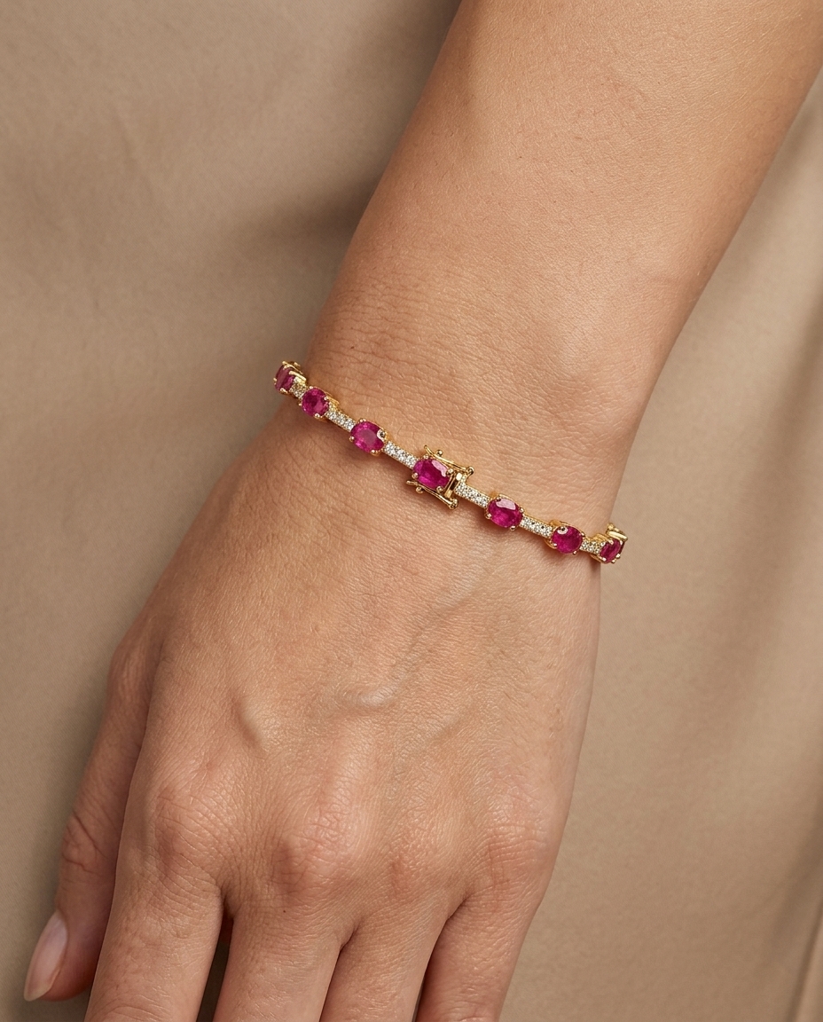14KT Gold Ruby and Diamonds Bracelet on model