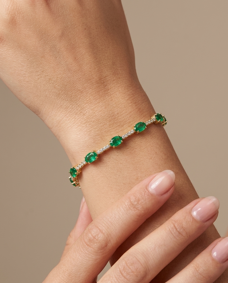 14KT Gold Emerald and Diamonds Bracelet on model
