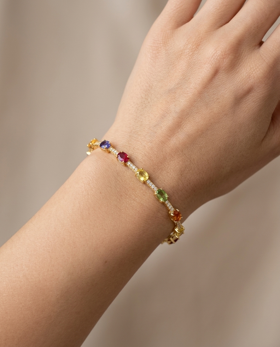 14KT Gold Multi Sapphire and Diamonds Bracelet on model
