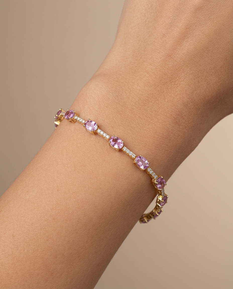 14KT Gold Pink Sapphire and Diamonds Bracelet on model