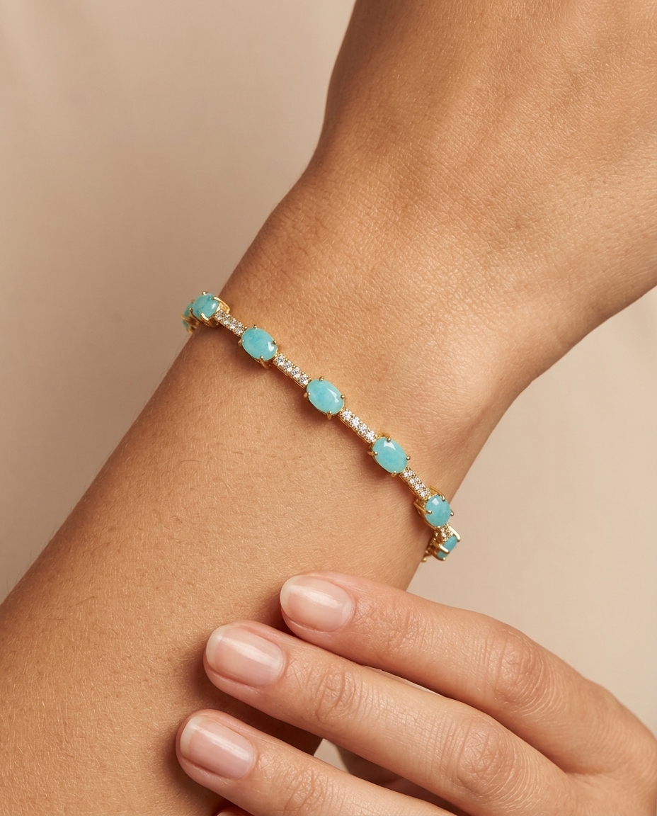 14KT Gold Turquoise and Diamonds Bracelet on model