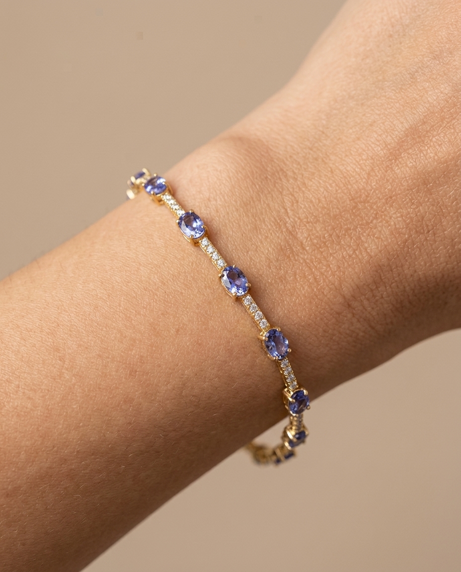 14KT Gold Tanzanite and Diamonds Bracelet on model