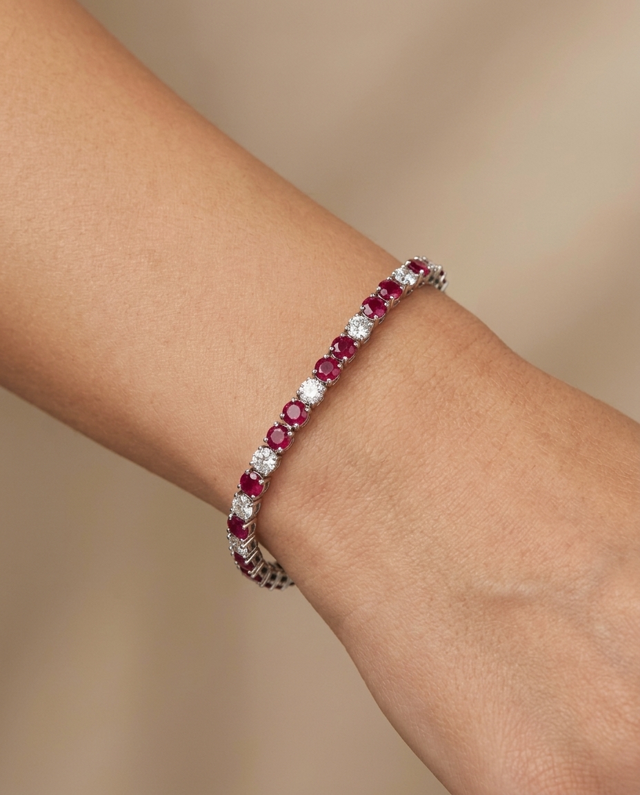 14KT Gold Diamond and Ruby Bracelet on model