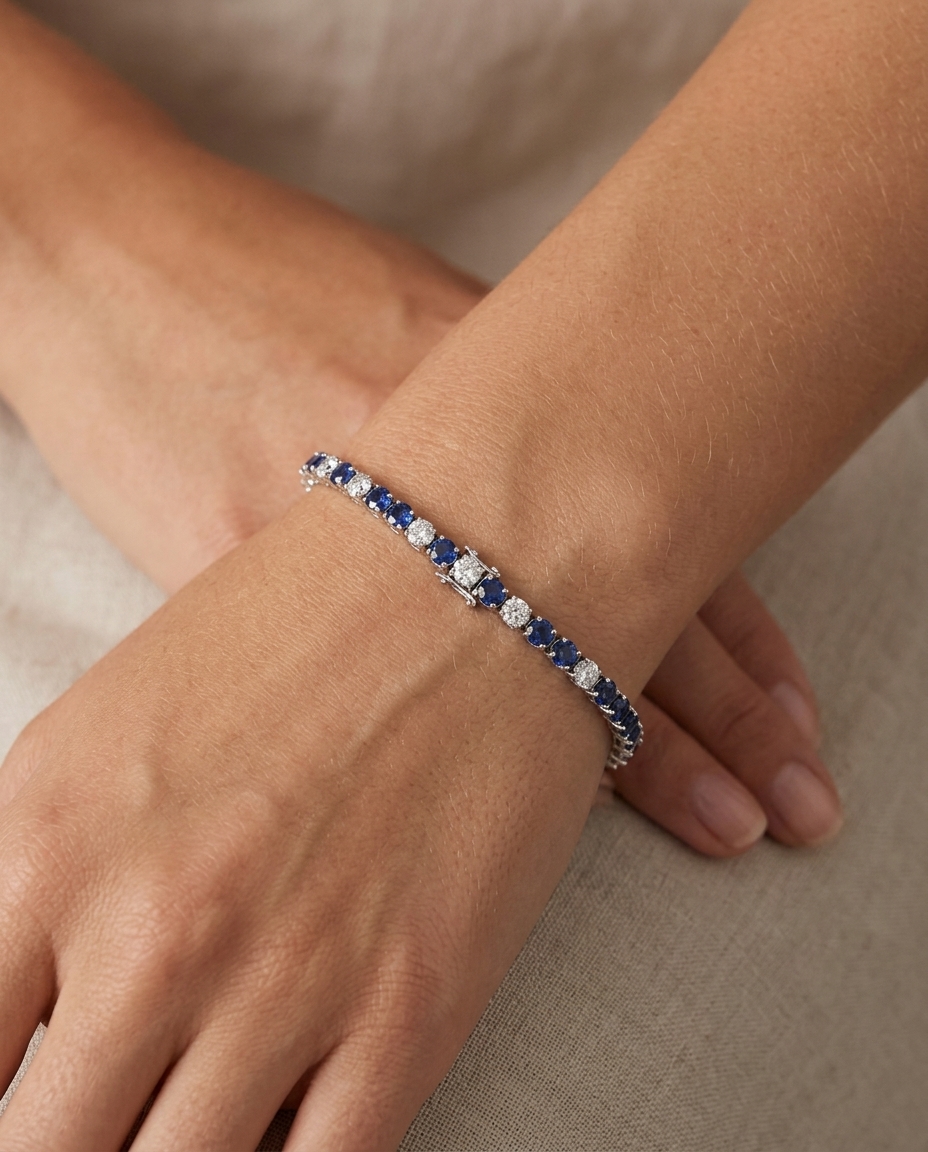 14KT Gold Diamond and Blue Sapphire Bracelet on model