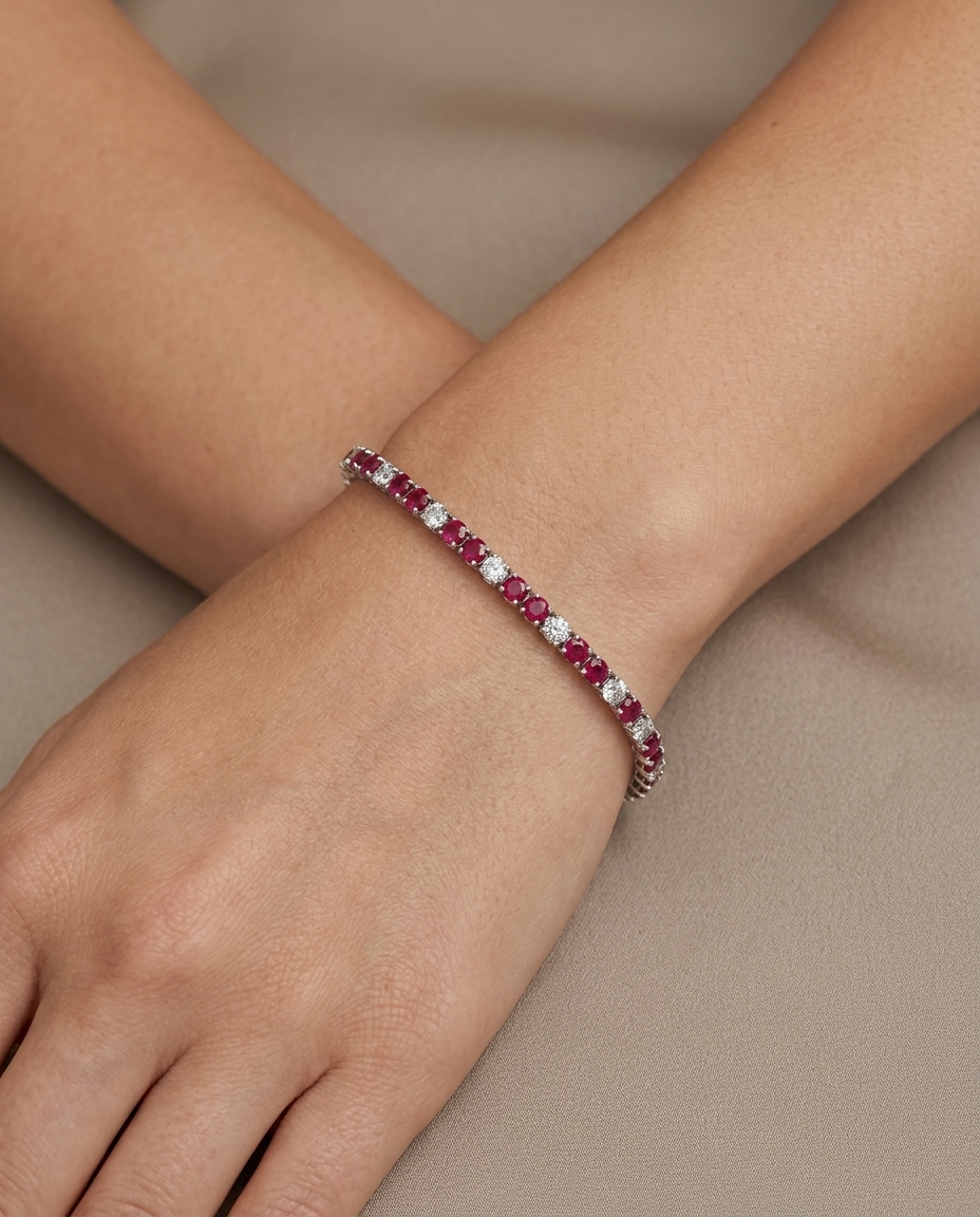 14KT Gold Diamond and Ruby Bracelet on model