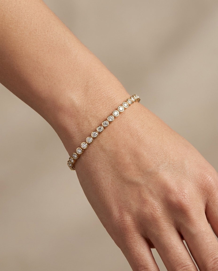 14KT Yellow Gold Diamond Bezel Tennis Bracelet on model