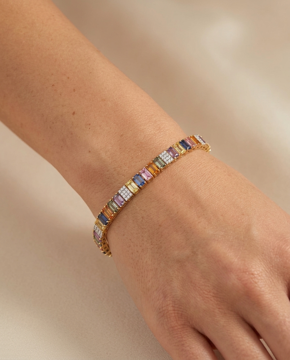 14KT Yellow Gold Multi Sapphire and Diamonds Bracelet on model
