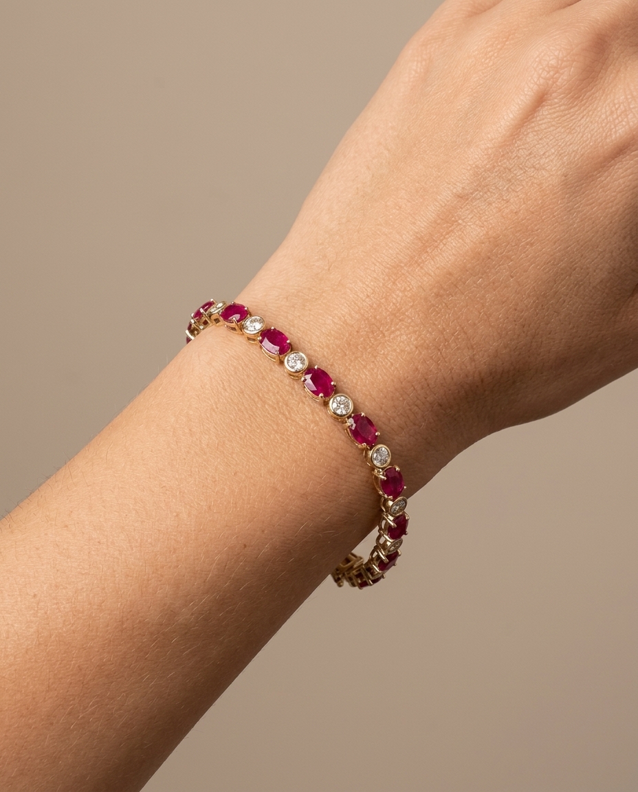 14KT Yellow Gold Ruby and Diamonds Bracelet on model