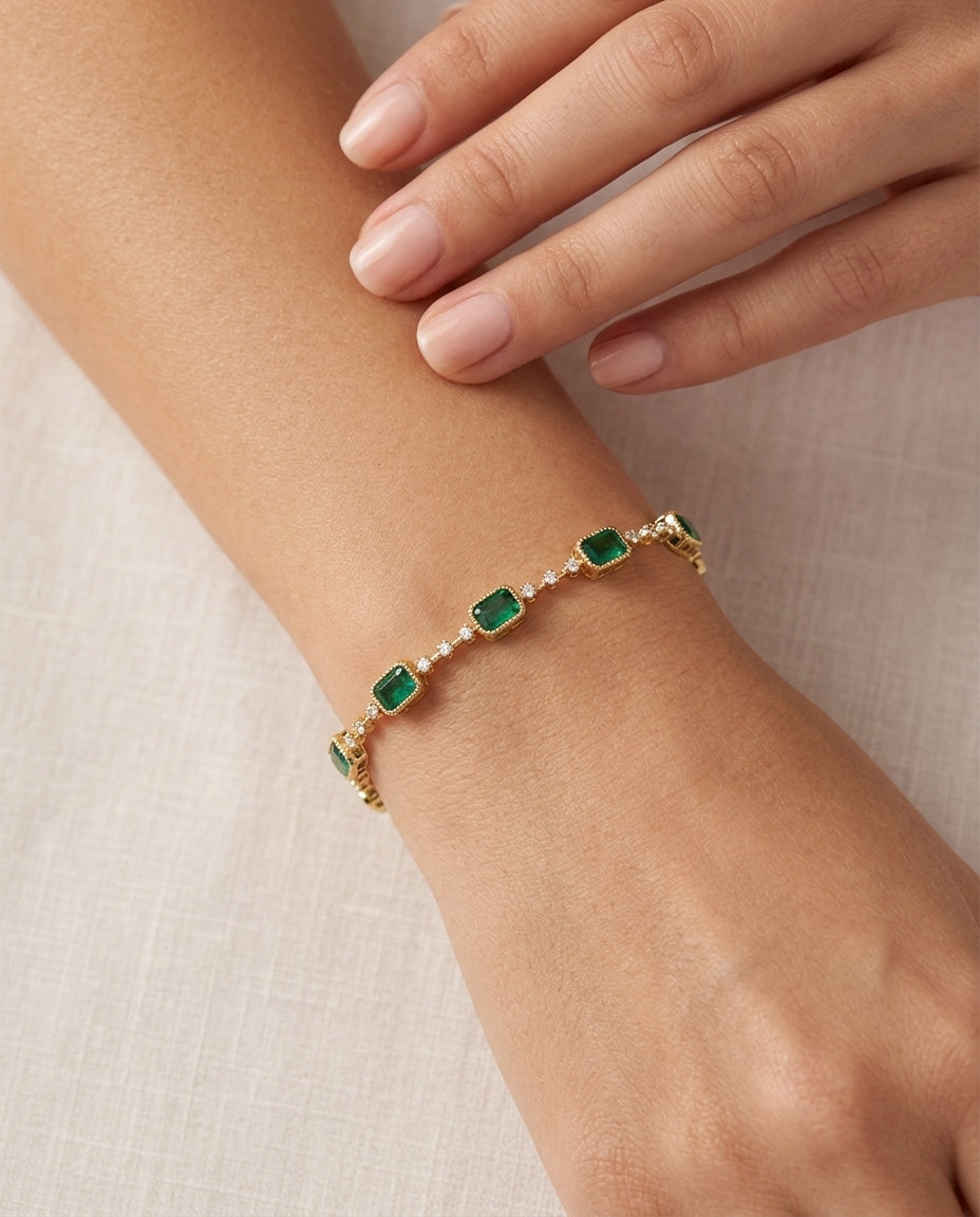 14KT Yellow Gold Emerald and Diamonds Bracelet on model