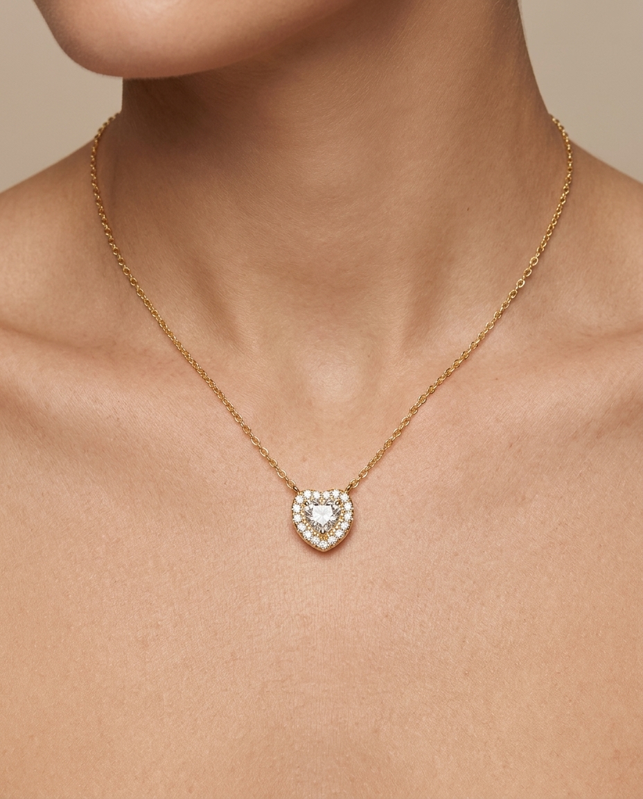 14KT Yellow Gold Diamond Heart Necklace on model