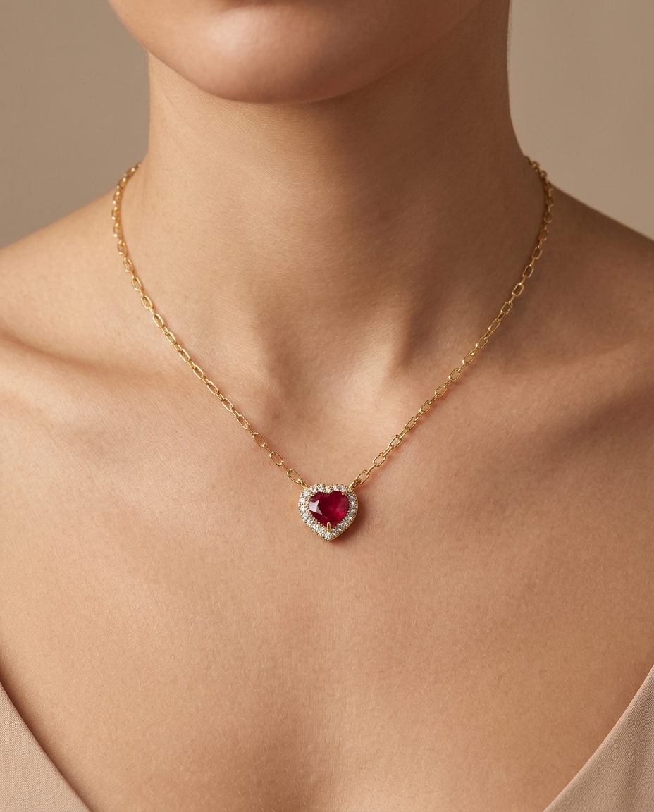 14KT Yellow Gold Diamond and Ruby Heart Necklace on model